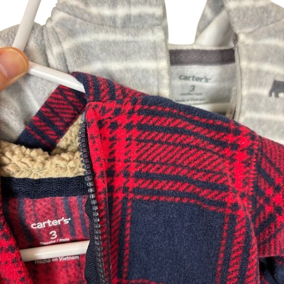 Carter's Fleece Bear Ear Footless Suits Red Blue Plaid Gray Striped 3 Months - Picture 5 of 7